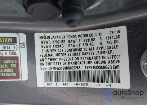 2011 Honda Civic Hybrid from USA, damaged, VIN JHMFA3F28BS000268